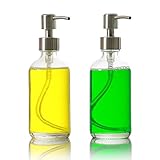 2 Pack, 8 oz. Liquid Soap Dispenser with Stainless Steel Pump, BONUS PUMP included, Refillable Round Clear Glass Bottle, Perfect for Liquid Soap, Essential Oils and Lotions, By California Home Goods