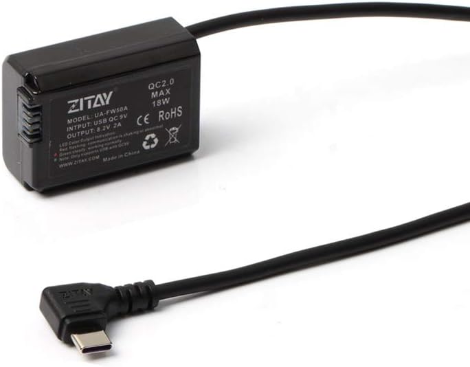 ZITAY Type-C to NP-FW50 Dummy Battery Power Supply Adapter Cable for Sony A6000 A6400 A6100 A3000 A5000 A6500 NEX C3 NEX 6 NEX 7
