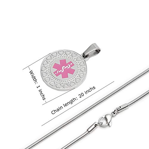 Round Medical Alert ID Necklace Stainless Steel 18 Heart Symbols Dog Tag for Women Girls Free Engraving