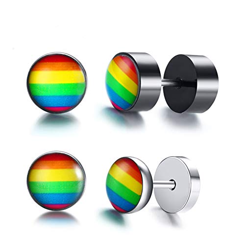 Stainless Steel Round Dumbbell Rainbow Stud Earrings