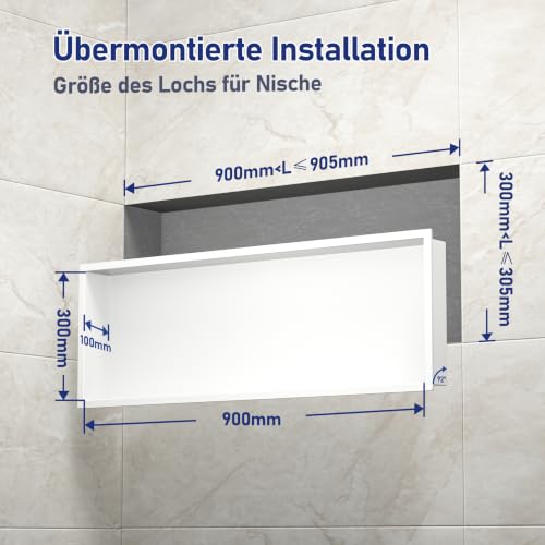 Bernkot White Shower Niche 304 Stainless Steel 90 x 30 x 10 cm Wall Niche No Tile Required via Mounted Installation