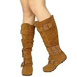 Womens Knee High Boots Ruched Leather Buckles Knitted Calf