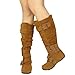 Womens Knee High Boots Ruched Leather Buckles Knitted Calf