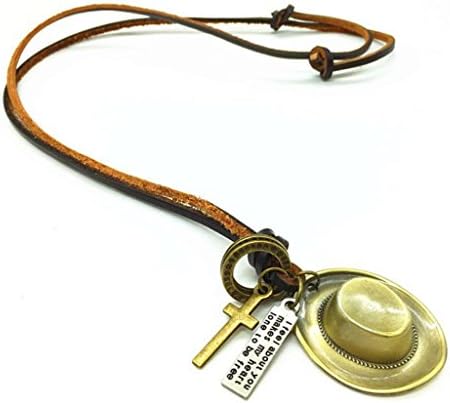 Armyshop RETRO COWBOY HAT CHARM NECKLACE Adjustable Long Leather Cord Men Brass Pendant