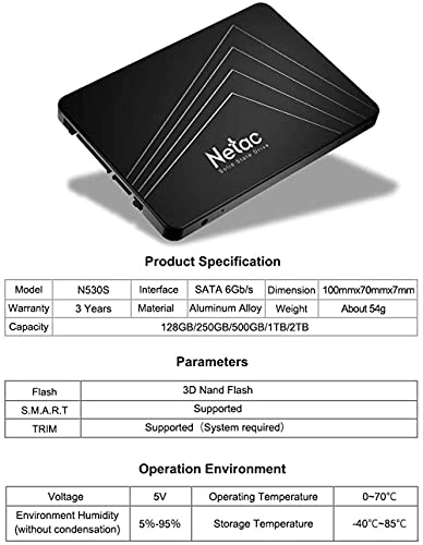 Netac 1TB Internal SSD 2.5 Inch SATAIII 6Gb/s, 3D NAND Internal Solid State Drive, Read Speeds up to 530MB/s