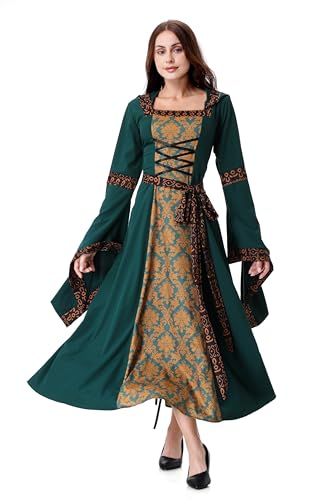 Colorful House Women Medieval Tea Party Dress Victorian Era Bubble Sleeves Velvet High Waist Long Dress with Belt and Gloves