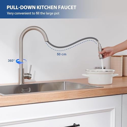 Lonheo Kitchen Sink Tap, Kitchen Mixer Tap with Pull-Out Hand, 2 Modes, Stainless Steel Kitchen Faucets 360° Swivel for Hot and Cold Water