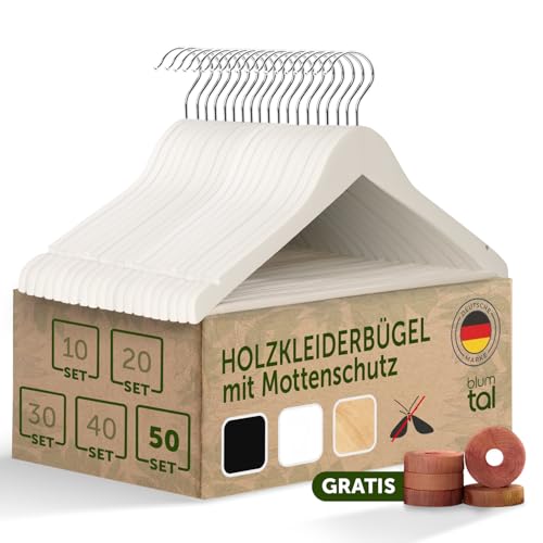 Blumtal Kleiderbügel Holz 50er Set - Holzbügel mit 360° drehbarem Metallhaken - Kleiderbügel Weiß + Zedernholz Mottenschutz - Kleiderbügel Holz Weiss