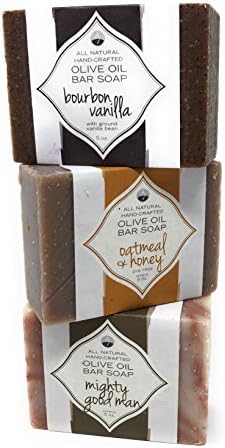 Title: Handmade Olive Oil Body Soap Bar Men’s Sampler Pack Set – Mighty Good Man, Bourbon Vanilla and Oatmeal Honey-Natural Manly Scrub-Scented Hydrating Facial Travel Gifts Full Size 3 Bars