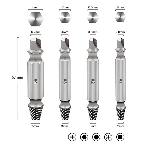 Tresbro Damaged Screw Extractor Set of 4 Pcs High-Speed Steel Drill Bits, Grabit Screw EZ Out Extractor for Removing Stripped Screws and Broken Bolt