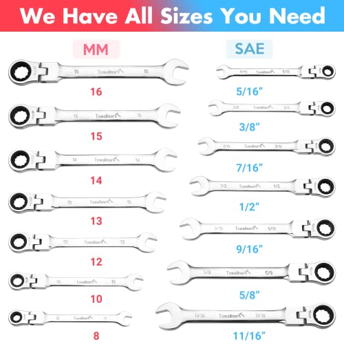 Towallmark 14Piece FlexHead Ratcheting Wrench Set, SAE/Metric Ratchet