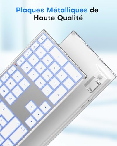 OMOTON Aluminium Wireless Mac Keyboard, 2.4G & Bluetooth (BT1/BT2), AZERTY Backlit Keyboard for Apple Macbook Pro/Air, Mac Mini, iMac, iMac Pro, Silent Rechargeable, Silver