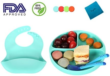 Silicone plates suction, silicone Bib,Temperature Induction color-changing soft Head spoon+Fork set,Portable BPA-Free, FDA Approved for Toddlers,Babies and kids,Dishwasher and Microwave safe (blue)