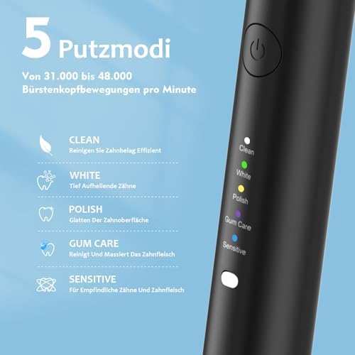 Elektrische Zahnbürste, 5 Modi Elektrische Schallzahnbürste, 2 Minuten Timer,USB-Ladung für 60 Tage, IPX7 Wasserdicht mit Reise-Etui 4 Aufsteckbürsten