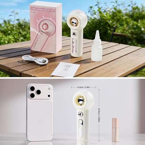 Gemmac Portable USB Misting Fan, Mini Handheld Handheld Fan Battery Operated with Sprayer, 2000mAh Rechargeable Fan 4 Speed, Travel Accessories for Office Makeup - White
