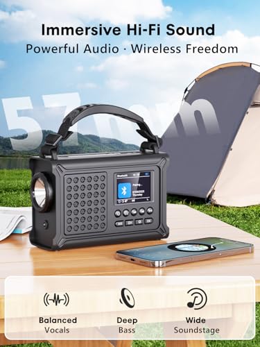 ROCAM Crank Radio DAB+/FM, Portable Emergency Radio 12000 mAh with 8500 mm² Solar Panel & 650 mA Crank, Digital Radio with Bluetooth, 2.4 Inch Colour Display, 80 Transmitters, SOS, LED Torch, USB, IPX6 for Camping