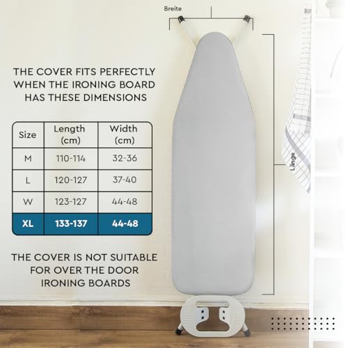Encasa XO Ironing Board Covers and Pad135x45 cm - Metallised 'Silver Super Luxury' with Foam & Felt Pad, Fits X-Large Iron Boards - Heat Reflective, Scorch Resistant, Bungee Elasticated, 3 Fasteners