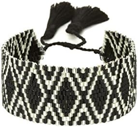 Valentines-Day-Jewelry-Gift-Ideas-for-Women - Lulu Dharma Black and Silver Tribal Pattern Glass Seed Bead Cuff-Bracelet (Black and Silver) MSRP $68
