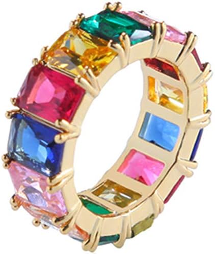 ViewHuge Women Rainbow Square Engagement Ring,Colorful Cubic Zirconia CZ Eternity Band Ring