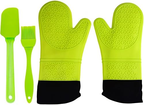 Oven Mitt Pair with Cotton Lining - Flexible, Comfortable Fit with Heat Resistant Silicone to Easily Grip or Hold Pot When Cooking, Grilling, Baking &amp; BBQ (Bonus Free Brush &amp; Spatula from KitchenPalz)