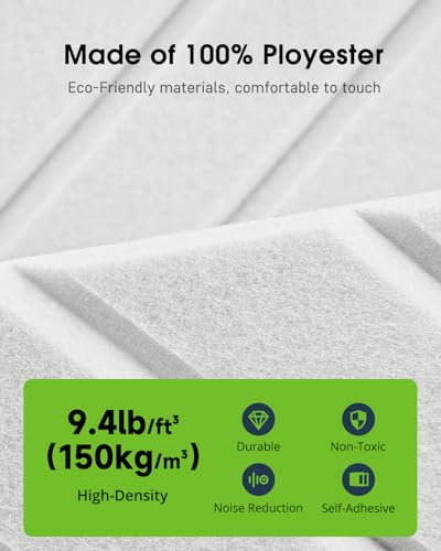 Woovio Sound Proofing Panels, 12 Pack Self-Adhesive acoustic wall panels High Density Acoustic Panels for Podcast Studio, Living Room, Offices 30x30x0.9cm White