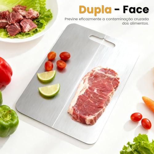 Tábua de Cortar em Aço Inoxidável 34 X 23 e 46 X 30 CM, Antibacteriana e Resistente À Deformação, Tábua de Cozinha Dupla Face, Adequada para Separar Carne e Vegetais