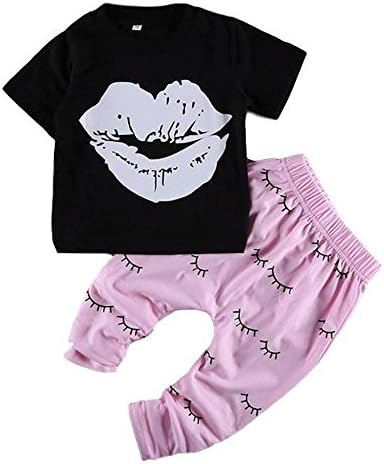Cute Baby Girl Lips and Eyelashes Pink and Black Short Sleeve T-Shirt and Pants 2 Pc Set