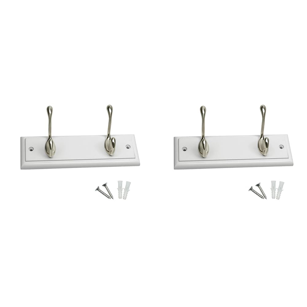 keypak 2-Hook Door Wall Mounted Coat Rack, 22.5cm - White Wooden Board, Satin Nickel Coat Hooks - Fixings Included (Pack of 2)