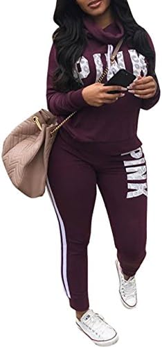 HIKARE Women's Letter Print Cowl Neck 2pcs Sweatshirt and Long Sweatpant Tracksuit