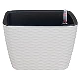 TABOR TOOLS Square Self-Watering Planter, Modern Decorative Planter Pot for Outdoor or Indoor Garden. Elegant Plastic Wicker Rattan Look Design, Suitable for Plants & Flowers. TB603A -White