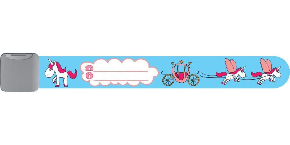 Infoband I.D. Travel Wrist Band for Kids - Unicorns - Light Blue