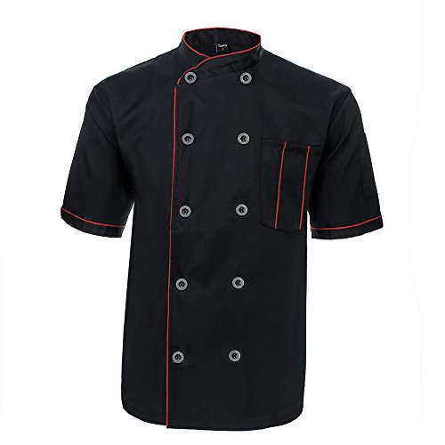 TOPTIE Unisex Short Sleeve Chef Coat Jacket, Black with Red