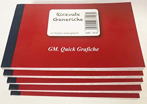 5 BLOCCHETTI RICEVUTE GENERICHE + PENNA TOUCH OMAGGIO - 50 FOGLI 2 COPIE - AUTOCOPIANTI 10X17 CM - QUICK GRAFICHE