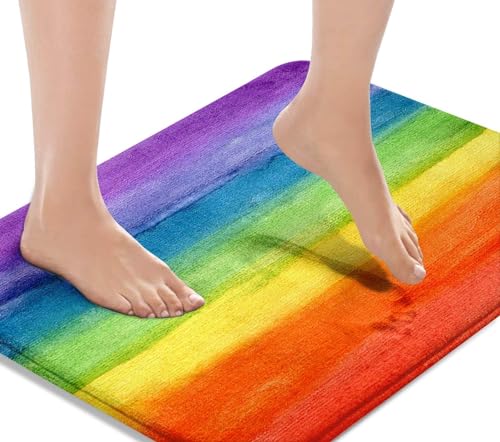 Britimes Bath Mat for Bathroom Colorful Stripe Rainbow Washable Floor Rug Carpets Floor Mat Bathroom Decorations 20x32 inches for Kitchen Bedroom Indoor