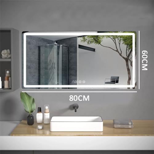 HALMAN Espejo Led para Baño,80 * 61CM Espejos de Pared Rectangular, Espejo Sin Marco con Iluminación de 3 Colores, Antivaho, Brillo Ajustable, Pantalla de Tiempo y Temperatura, Colgante Horizontal