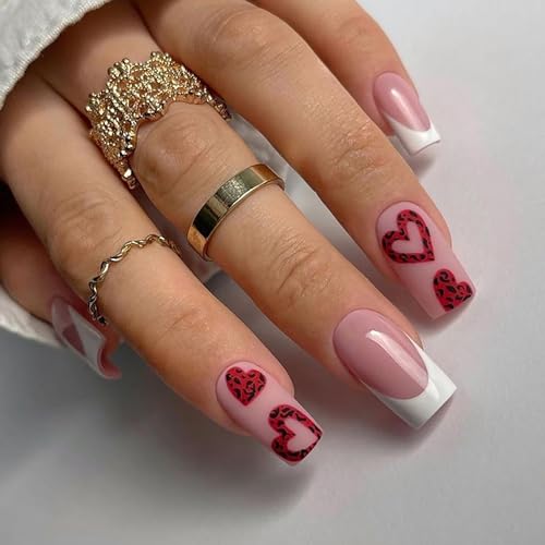Vezocim 24Pcs Press on Nails Medium Heart Glossy Full Cover Artificial French Tips Fake Nails with Red Heart Designs Acrylic Square False Nails with Glue Coffin Stick on Fingernails for Women Girls at Amazon