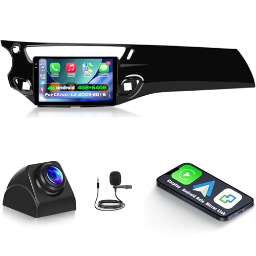 NHOPEEW 4+64G Android Car Radio for Citroën C3 2009-2016 with Wireless Carplay and Android Car – 9 Inch incell Screen Support WiFi GPS Steering Wheel Controls + Reversing Camera, Canbus