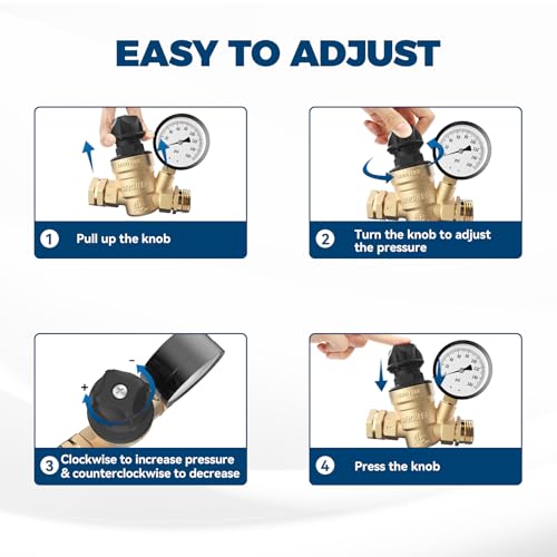 RVGUARD RV Water Pressure Regulator Valve With An Adjustable Knob, Tool-Free, CSA Approved, Lead-Free Brass Water Pressure Reducer with Gauge and Inlet Screen Filter for RV Camper Travel Trailer