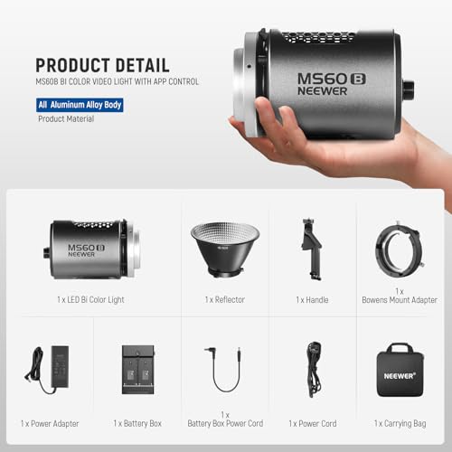 NEEWER MS60B Bi Color COB Portable Video Light with 2.4G/APP Control, 65W Metal Mini Handheld Continuous Output Lighting Bowens Mount 2700K-6500K, 40000lux/1m, CRI 97+/TLCI 98+, 12 Effects,PWM Dimming