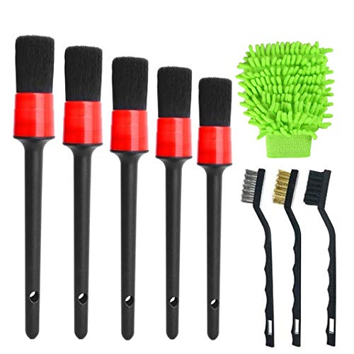 ONEST 9 Pieces Auto Detailing Brush Set - Free Microfiber Car Wash Mitt - Plastic Handle - for Cleaning Engine, Wheel, Interior, Air Vent, Car, Motorcycle