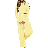 Lounge Sets Two Piece Women's Long Sleeve Crop Shirt Pjs Pajama Pants Activewear Matching 2 Piece Outfits Sleepshirt XL LightYellow