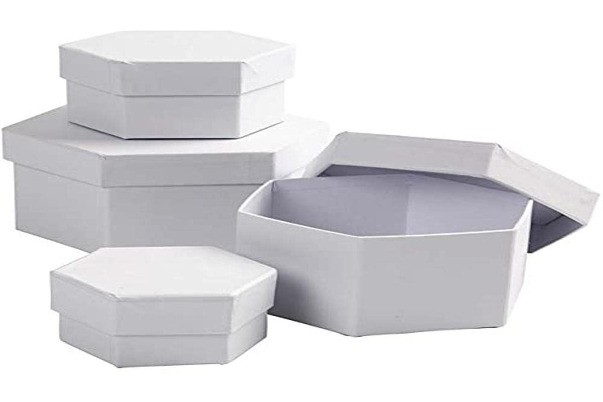 Creativ 100263 Hexagonal Boxes, D: 6,5+8+10+12 cm, 4 asstd White