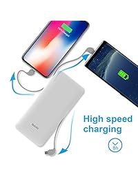 Batería externa ultra fina con cable de carga integrado, enchufe de CA, puertos USB compatibles con iPhone, Samsung Galaxy y más (blanco) de 10000 mAh