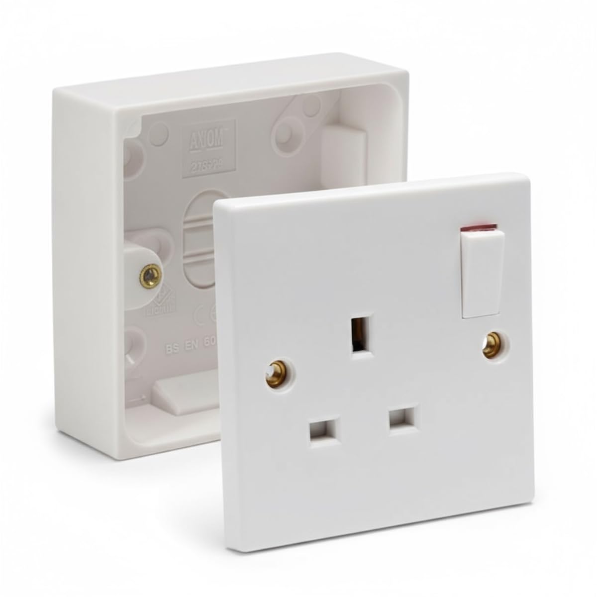 Single Switched Socket 1Gang 13Amps White Electrical Outlet - Compatible with Single 25/35/45mm Pattress Back Box Surface Mounted 1 Gang (1, SET with 25mm Box)