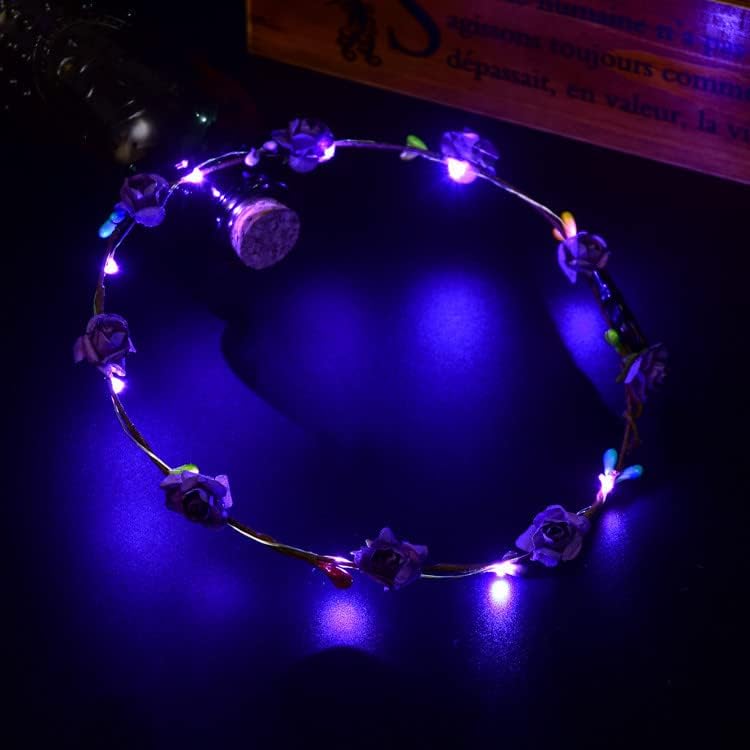 Led Light Women Flower Girl Headband Glow Blinking Crown Hair Wreath For Girls Women Wedding Festival Christmas New Year Party (Purple)