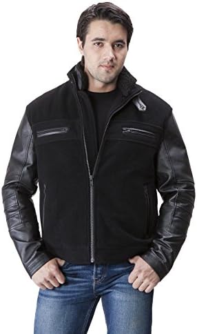 United Face Mens Wool and Leather Sleeve Stand Collar Moto Jacket, Black, Large