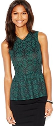 Bar Iii Printed Lace-detail Peplum Top Dark Evergreen Xl