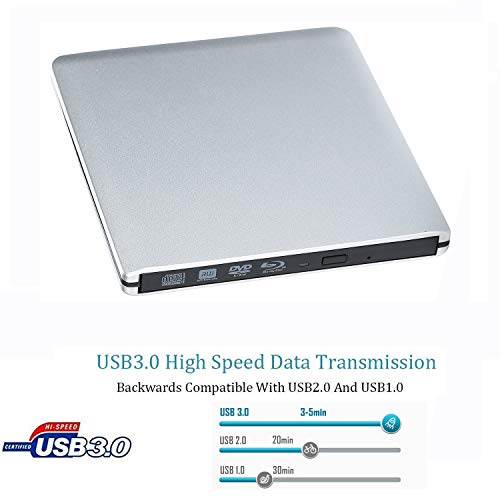 USB 3.0 Blu-ray Player/DVD Drive/DVD Burner with 3D 4K Blu-ray Disc Player,Portable USB 3.0 Blu Ray DVD Burner Player Writer Reader Disk for Laptop, Windows 7/8/10,Linxus,Mac OS (Silver)