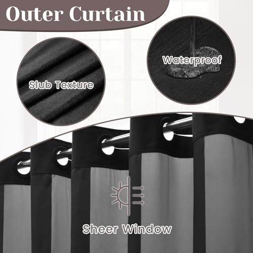 SORTTO No Hook Slub Textured Shower Curtain with Snap in Liner - Black Fabric Outer Curtain & Waterproof Inner Liner, Hotel Style with See Through Top Window, 71x74 in