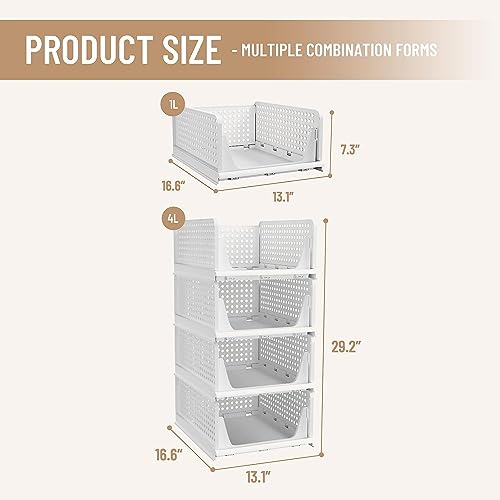 Fohome Stackable Clothes Plastic Storage Basket,4 Pack Foldable Closet Organizer Shelf Cloth Holder,Drawer Shelf Storage Container for Wardrobe Cupboard Kitchen Bathroom Office (4 Pack)